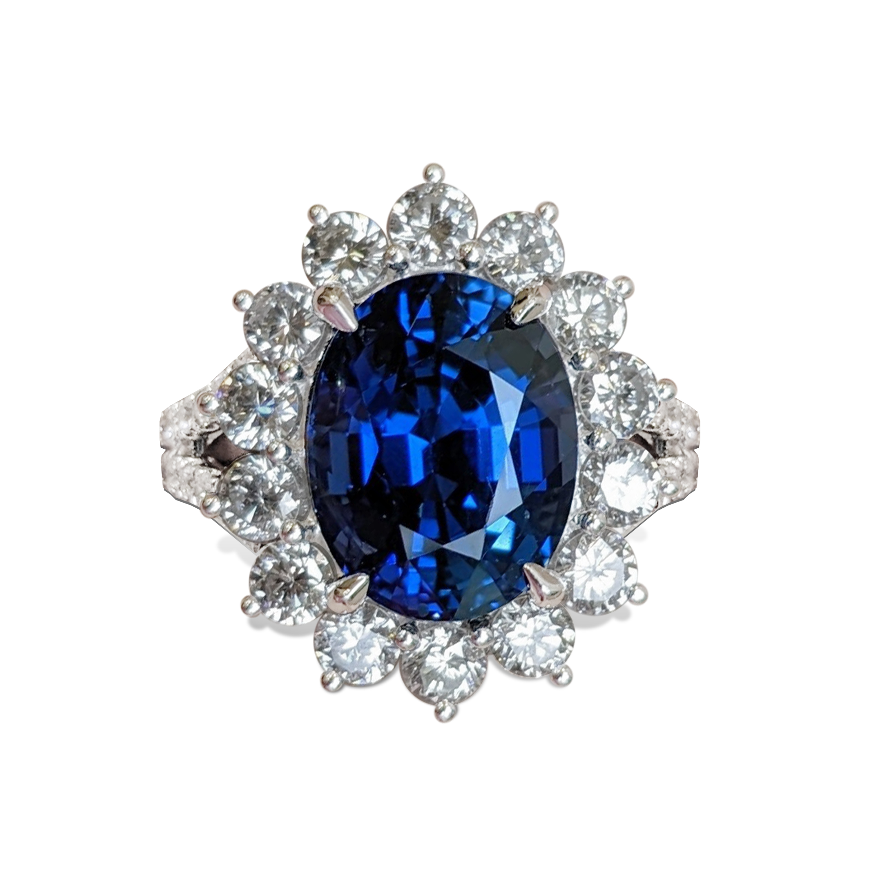 Blue Sapphire and Natural Diamond Pave Ring - Oval 6.62 Ct