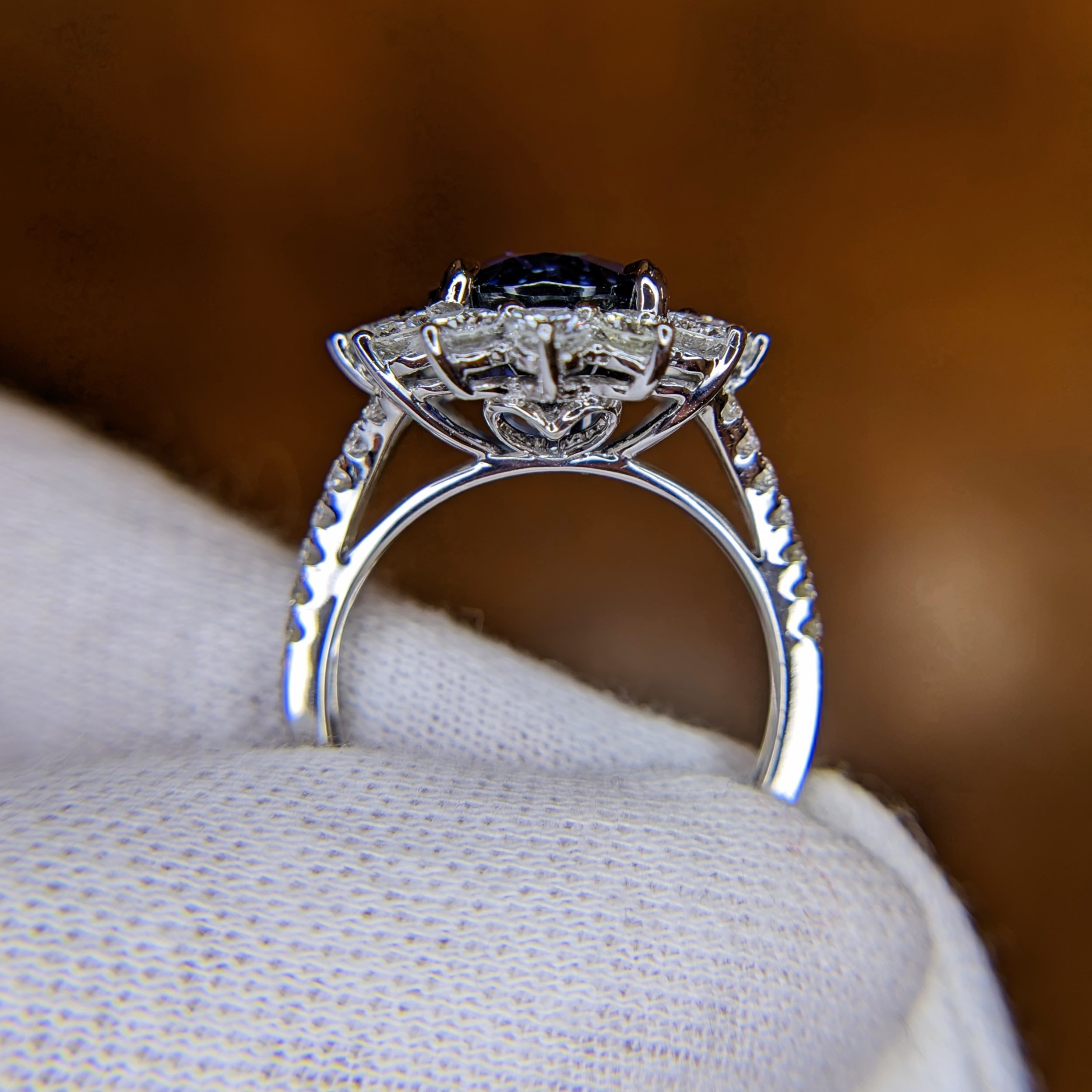 Blue Sapphire and Natural Diamond Pave Ring - Oval 6.62 Ct