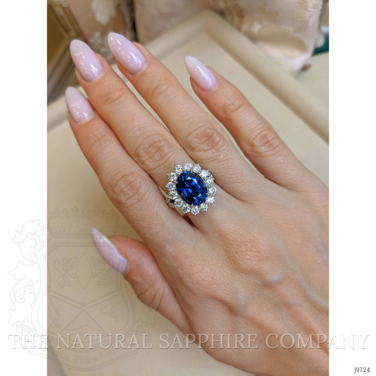 6.62 Ct. Blue Sapphire and Natural Diamond Pave Ring, 18K White Gold