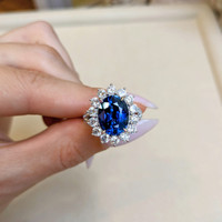 6.62 Ct. Blue Sapphire and Natural Diamond Pave Ring, 18K White Gold Life Style