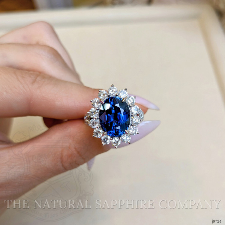 6.62 Ct. Blue Sapphire and Natural Diamond Pave Ring, 18K White Gold