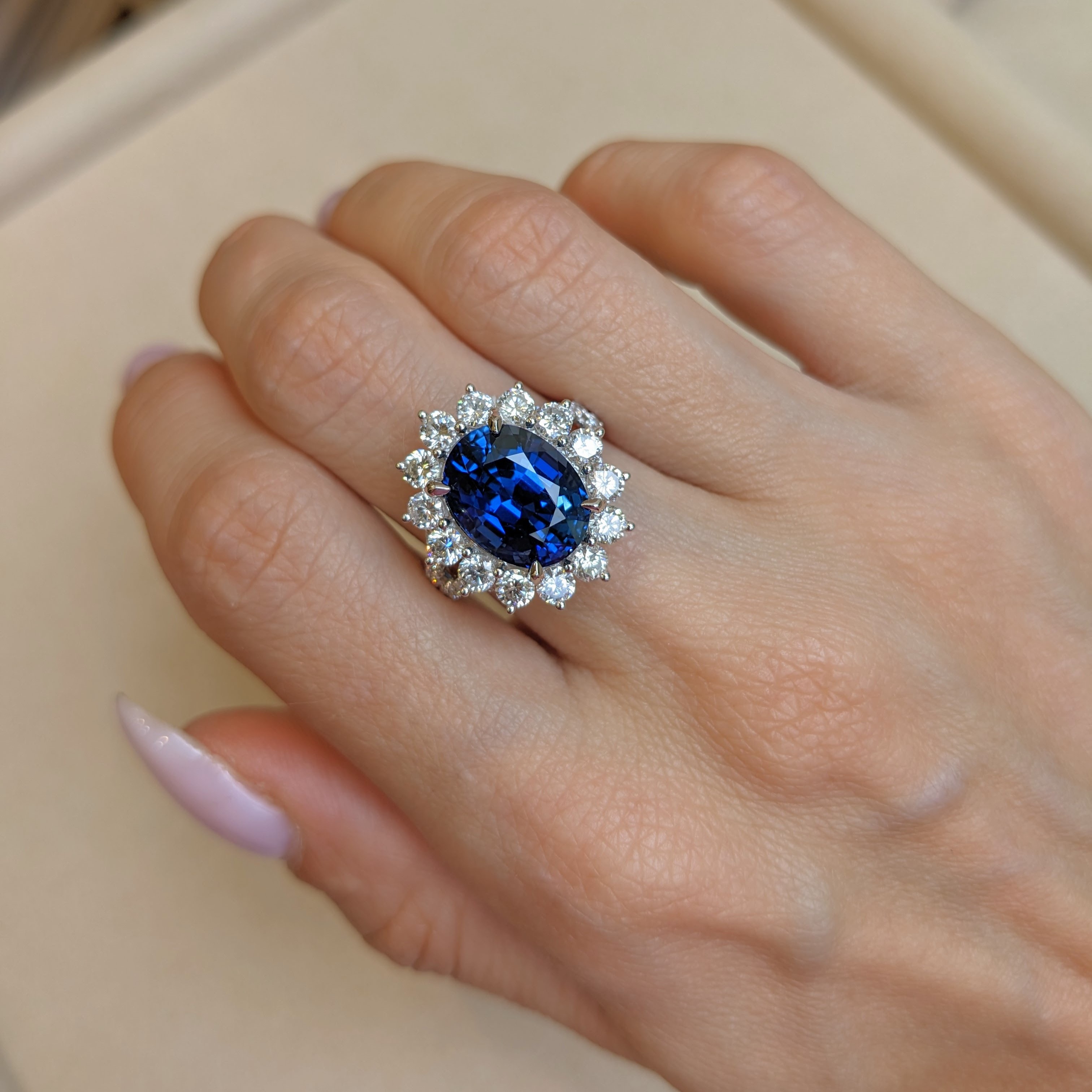 Blue Sapphire and Natural Diamond Pave Ring - Oval 6.62 Ct