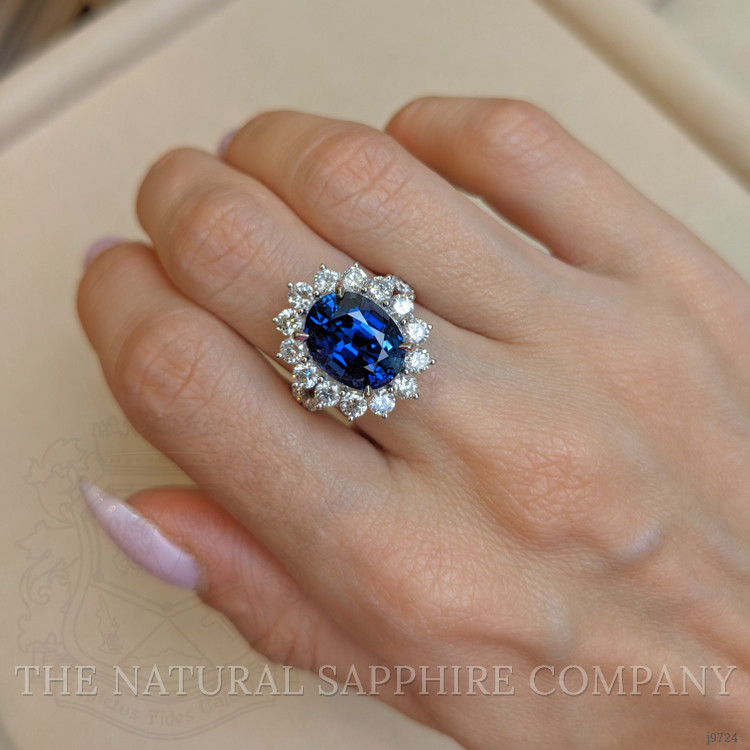 6.62 Ct. Blue Sapphire and Natural Diamond Pave Ring, 18K White Gold