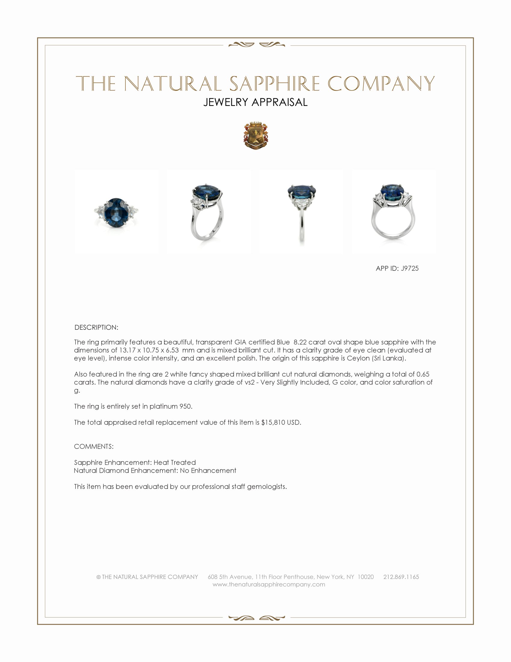 8.22 Ct. Blue Sapphire and Natural Diamond Three Stone Ring, Platinum 950