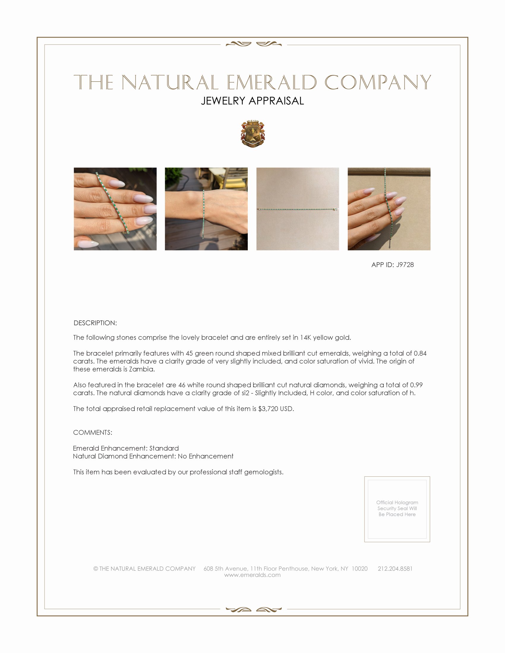 0.84 Ct.Tw. Emerald Natural Diamond Tennis/Line Bracelet, 14K Yellow Gold