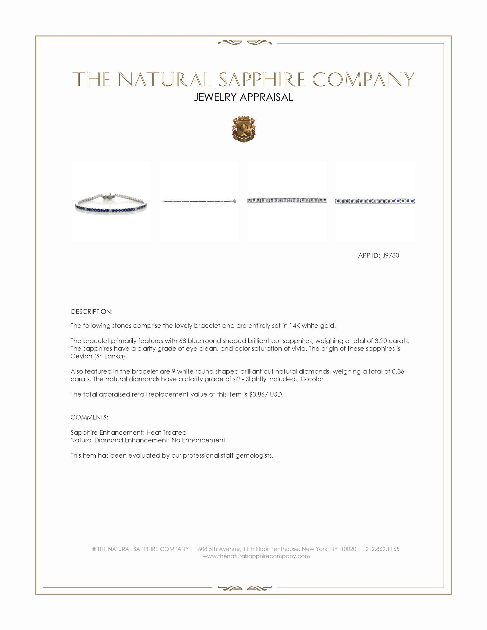 3.20 Ct.Tw. Blue Sapphire and Natural Diamond Tennis/Line Bracelet, 14K White Gold