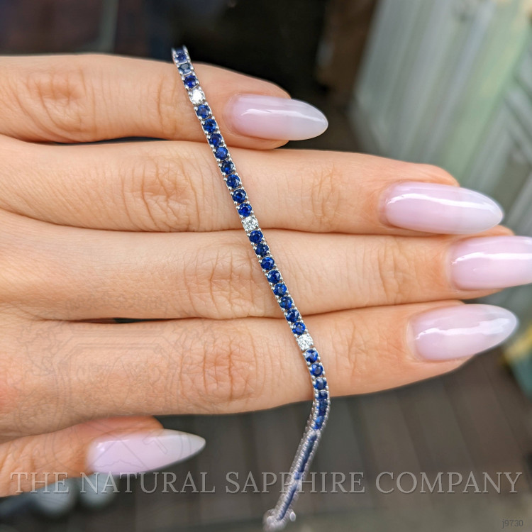 3.20 Ct.Tw. Blue Sapphire and Natural Diamond Tennis/Line Bracelet, 14K White Gold