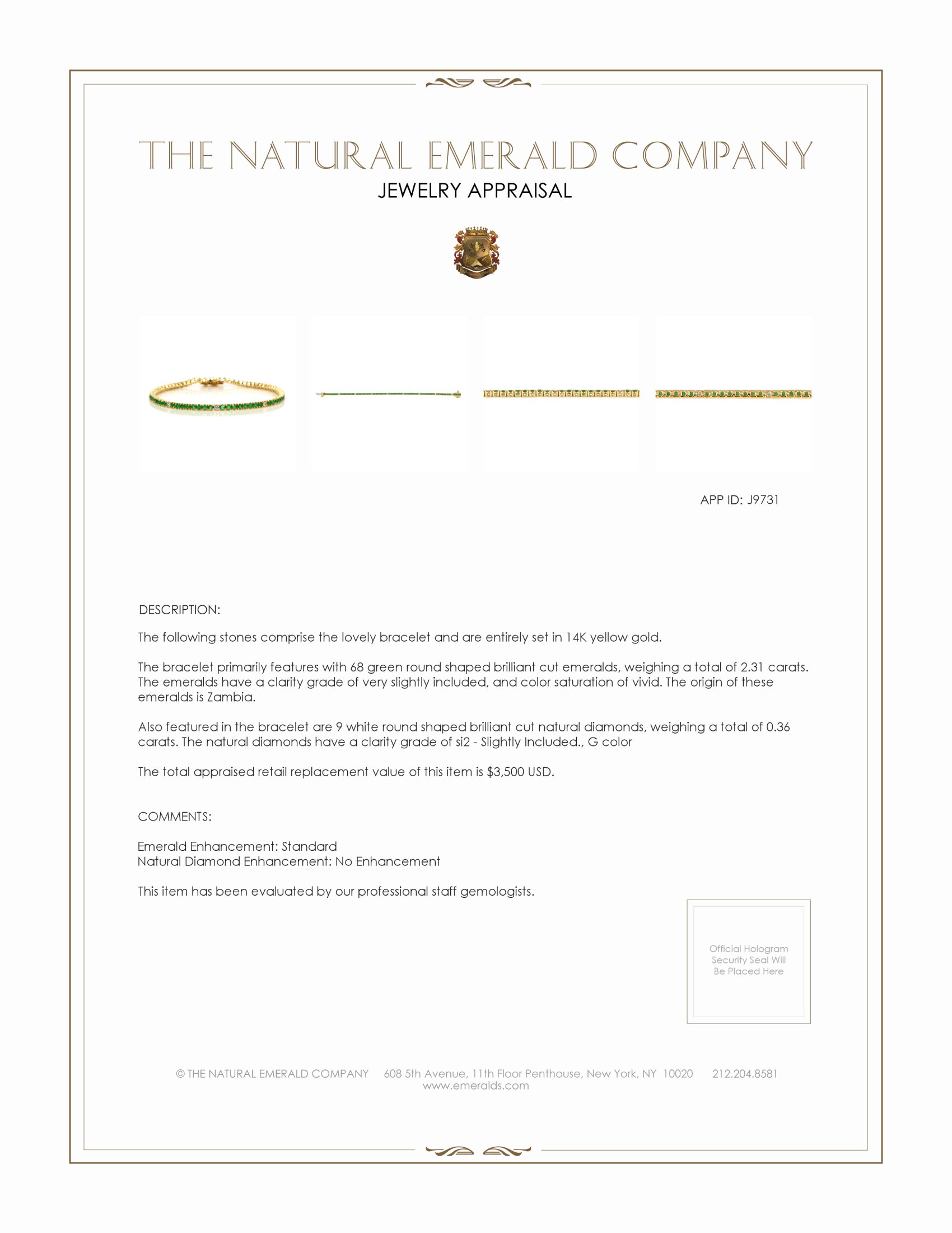 2.31 Ct.Tw. Emerald and Natural Diamond Tennis/Line Bracelet, 14K Yellow Gold