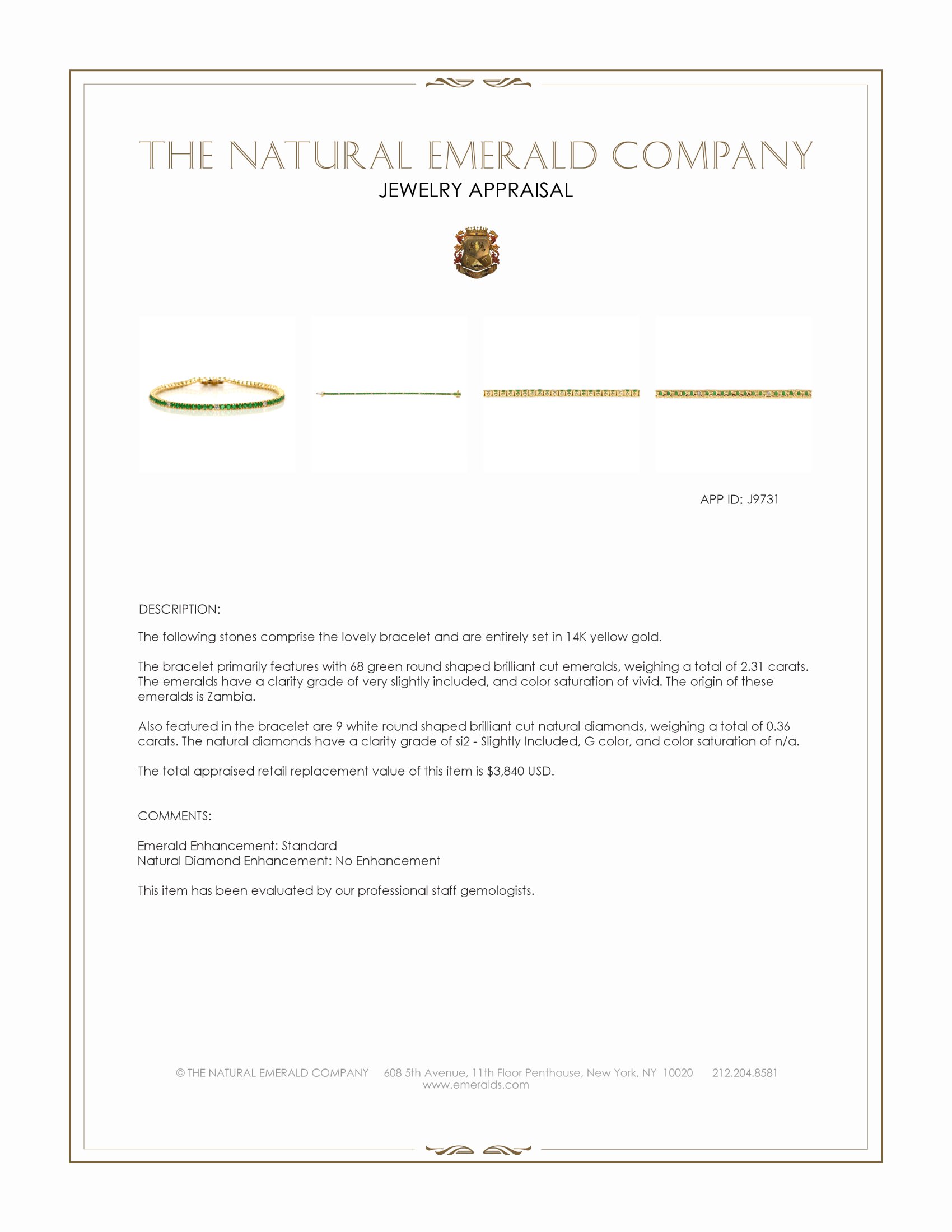 2.31 Ct.Tw. Emerald and Natural Diamond Tennis/Line Bracelet, 14K Yellow Gold
