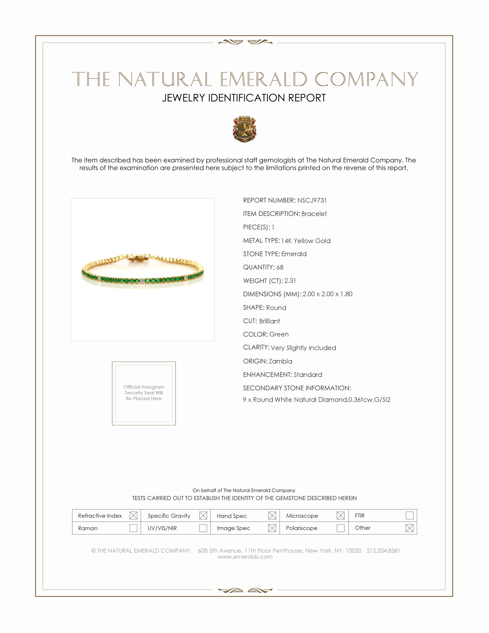 2.31 Ct.Tw. Emerald and Natural Diamond Tennis/Line Bracelet, 14K Yellow Gold