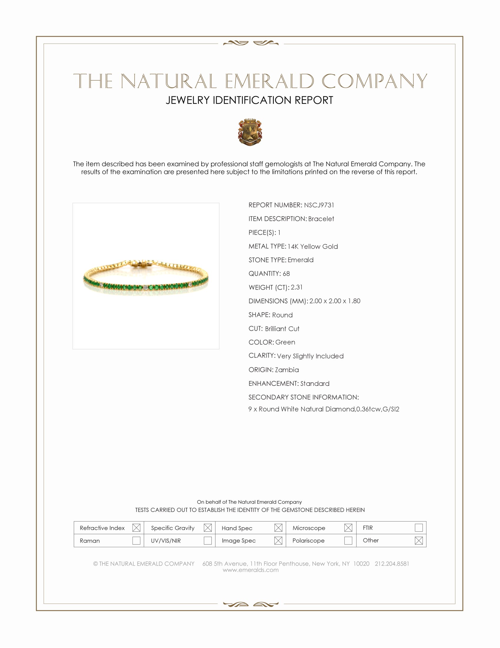 2.31 Ct.Tw. Emerald and Natural Diamond Tennis/Line Bracelet, 14K Yellow Gold