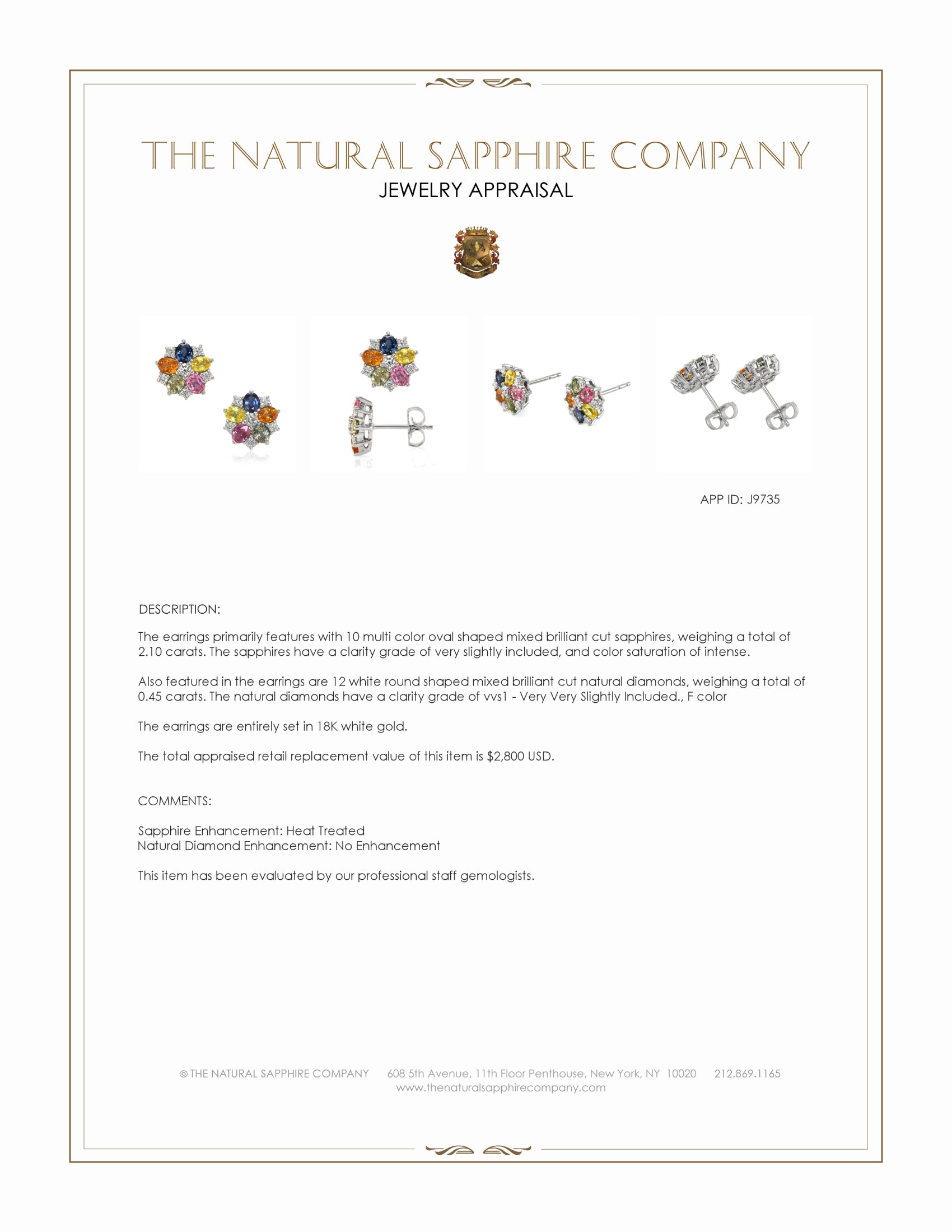 2.10 Ct.Tw. Multi Color Sapphire and Natural Diamond Studs Earrings, 18K White Gold