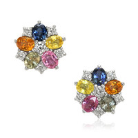 2.10 Ct.Tw. Multi Color Sapphire and Natural Diamond Halo Earrings, 18K White Gold Video