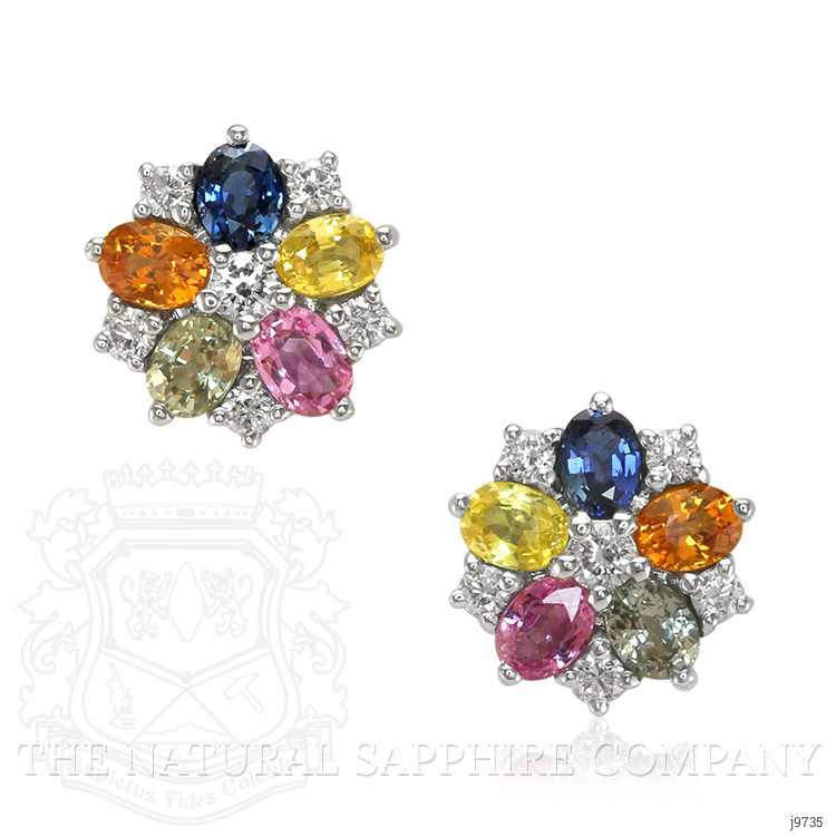 2.10 Ct.Tw. Multi Color Sapphire and Natural Diamond Halo Earrings, 18K White Gold