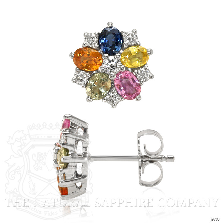 2.10 Ct.Tw. Multi Color Sapphire and Natural Diamond Halo Earrings, 18K White Gold