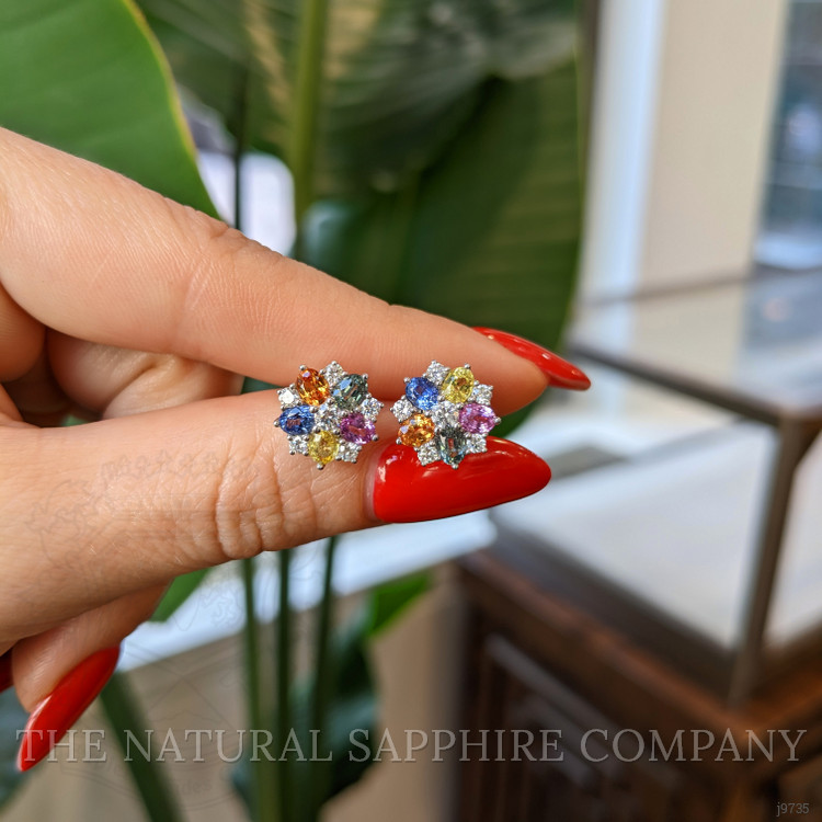 2.10 Ct.Tw. Multi Color Sapphire and Natural Diamond Halo Earrings, 18K White Gold