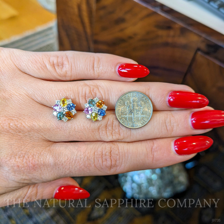 2.10 Ct.Tw. Multi Color Sapphire and Natural Diamond Halo Earrings, 18K White Gold