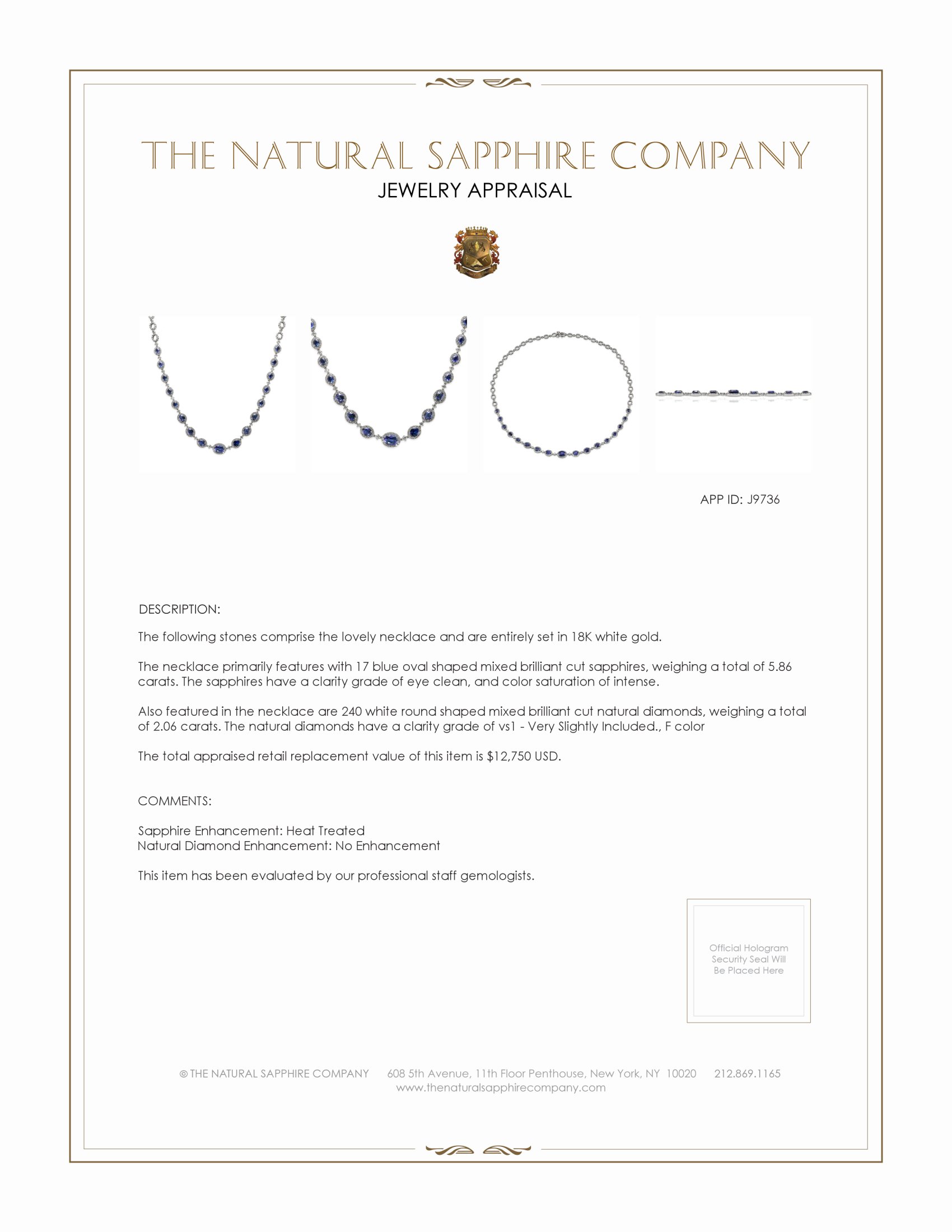 5.86 Ct. Blue Sapphire and Natural Diamond Pave Necklace, 18K White Gold