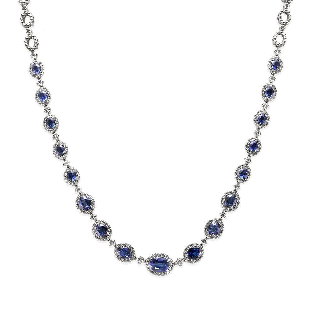 Blue Sapphire Necklace SV925、SV950 Blue Sapphire and Natural Diamond Pave Necklace - Oval 5.86 Ct