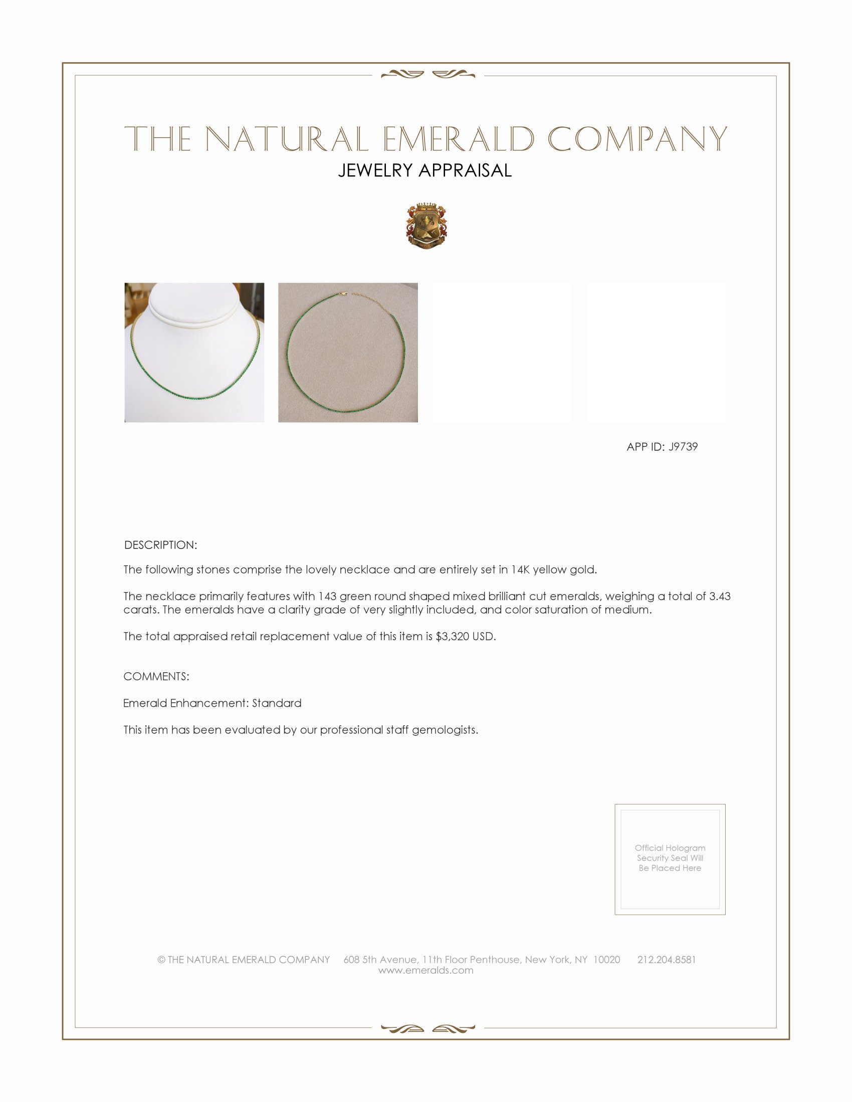 3.43 Ct. Emerald Tennis/Riviere Necklace, 14K Yellow Gold