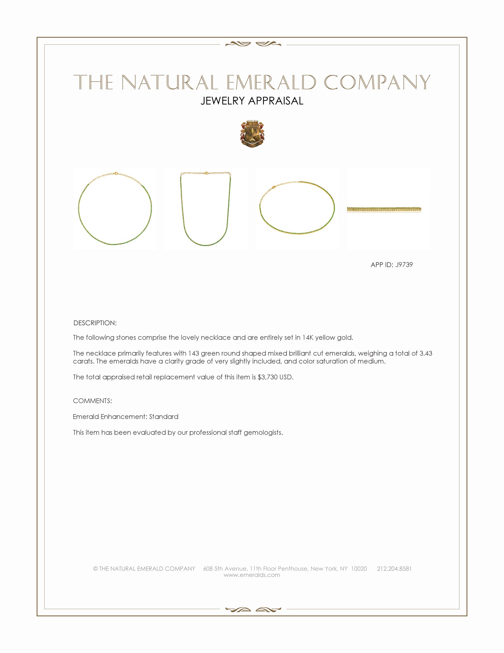 3.43 Ct. Emerald Tennis/Riviere Necklace, 14K Yellow Gold