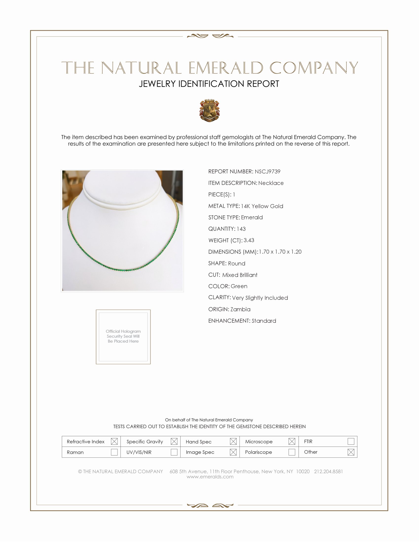 3.43 Ct. Emerald Tennis/Riviere Necklace, 14K Yellow Gold