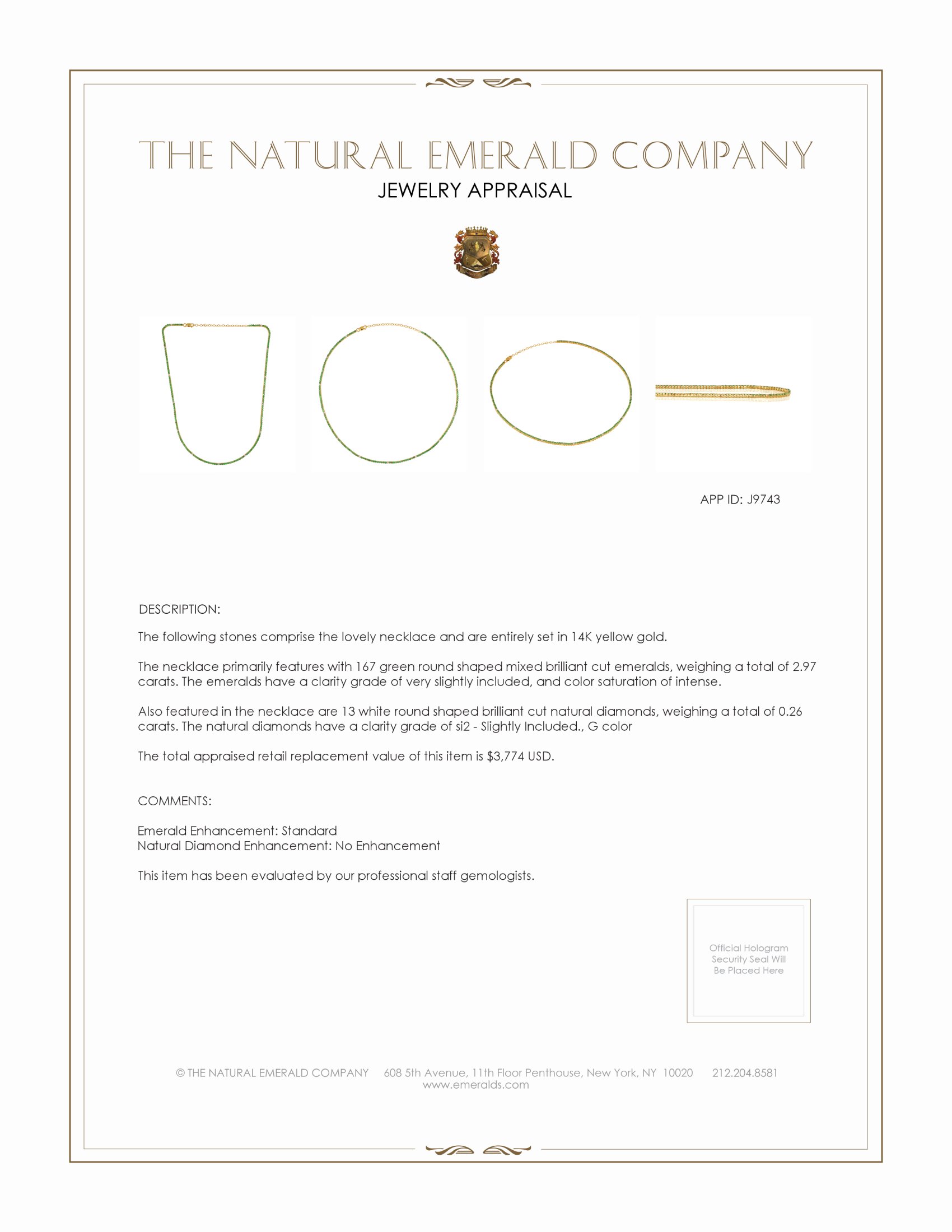 2.97 Ct. Emerald Natural Diamond Accent Stones Necklace, 14K Yellow Gold