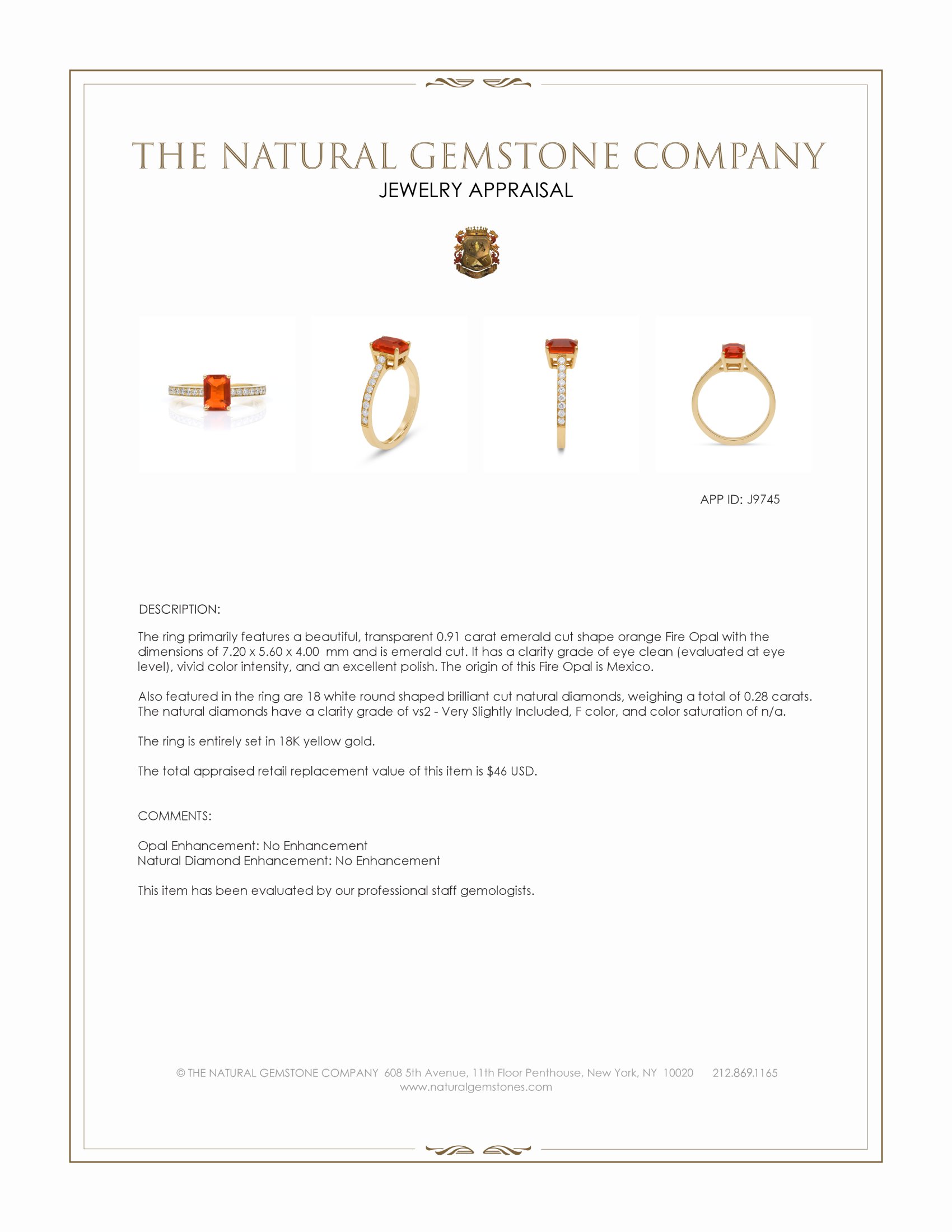 0.91 Ct. Orange Opal and Natural Diamond Pave Ring, 18K Yellow Gold