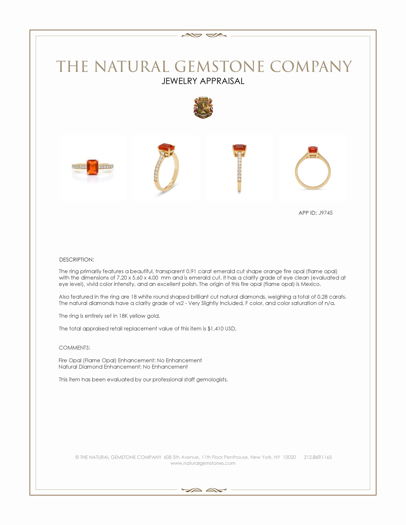 0.91 Ct. Orange Fire Opal (Flame Opal) and Natural Diamond Pave Ring, 18K Yellow Gold