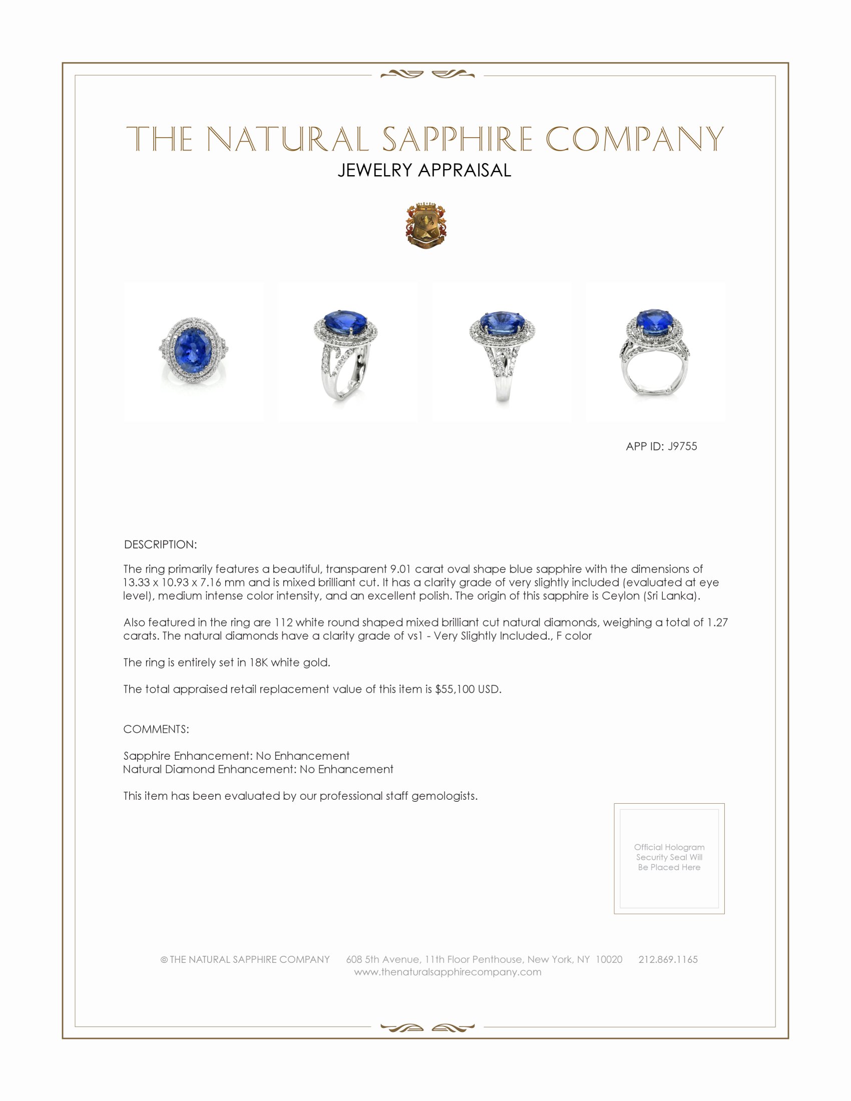 9.01 Ct. Blue Sapphire and Natural Diamond Halo Ring, 18K White Gold