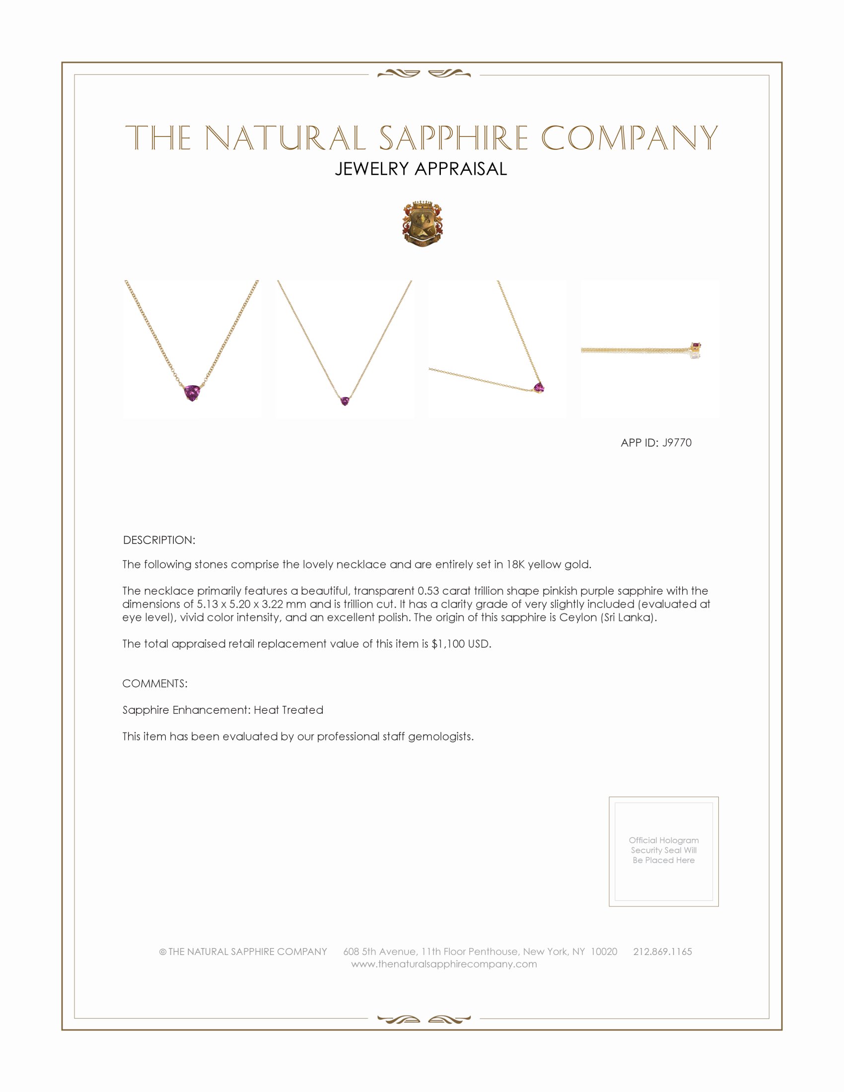 0.53 Ct. Pinkish Purple Sapphire Solitaire Necklace, 18K Yellow Gold