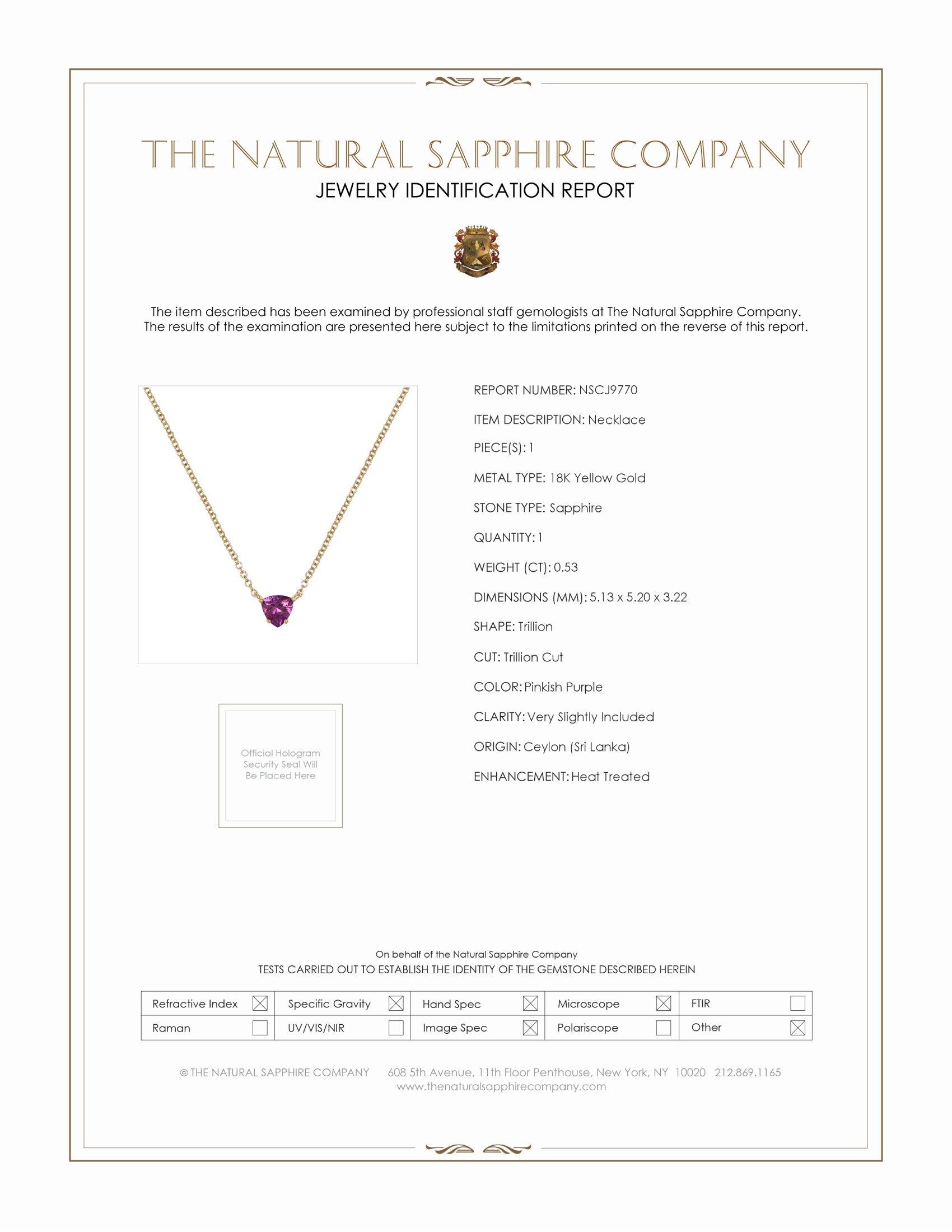0.53 Ct. Pinkish Purple Sapphire Solitaire Necklace, 18K Yellow Gold