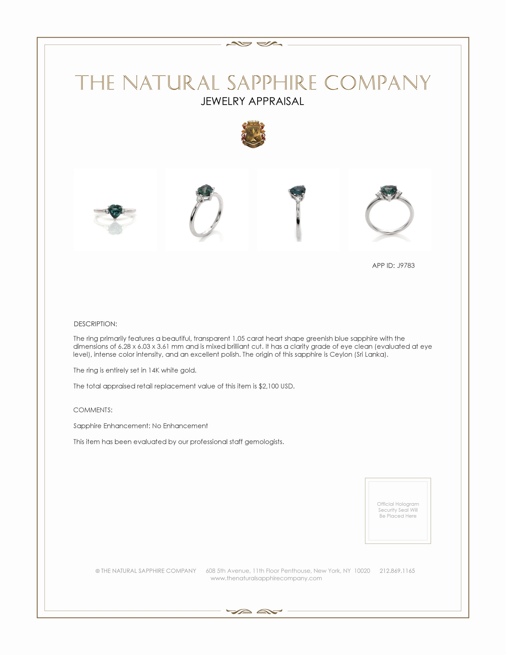 1.05 Ct. Greenish Blue Sapphire Three Stone Ring, 14K White Gold