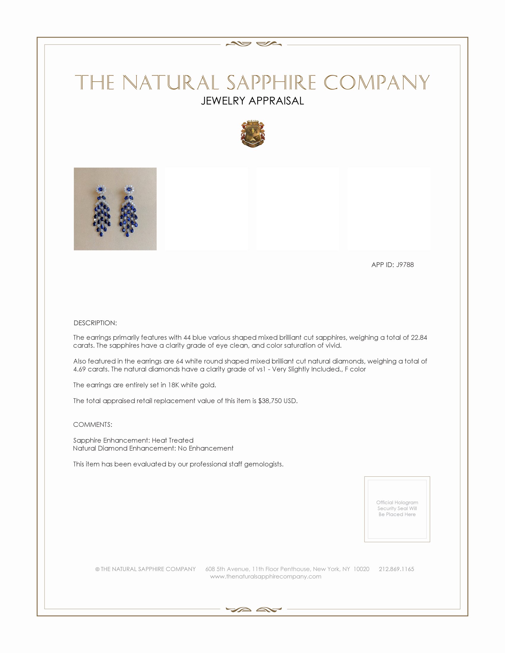 22.84 Ct.Tw. Blue Sapphire and Natural Diamond Pave Earrings, 18K White Gold