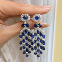 22.84 Ct.Tw. Blue Sapphire and Natural Diamond Pave Earrings, 18K White Gold Life Style
