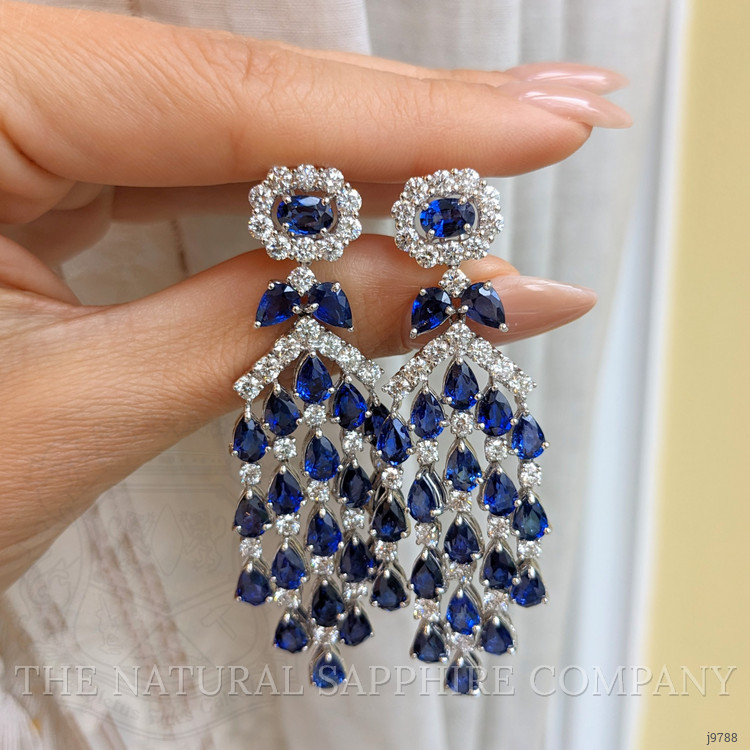 22.84 Ct.Tw. Blue Sapphire and Natural Diamond Pave Earrings, 18K White Gold