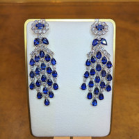 22.84 Ct.Tw. Blue Sapphire and Natural Diamond Pave Earrings, 18K White Gold Life Style