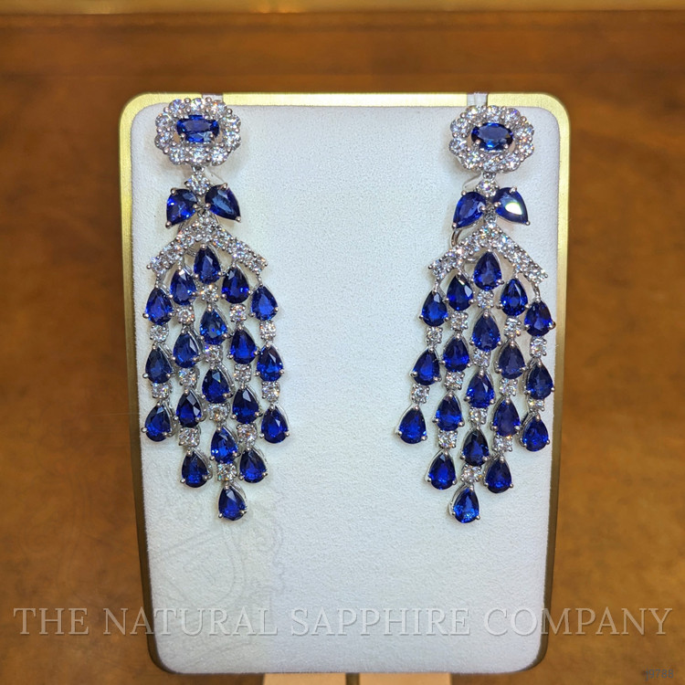 22.84 Ct.Tw. Blue Sapphire and Natural Diamond Pave Earrings, 18K White Gold