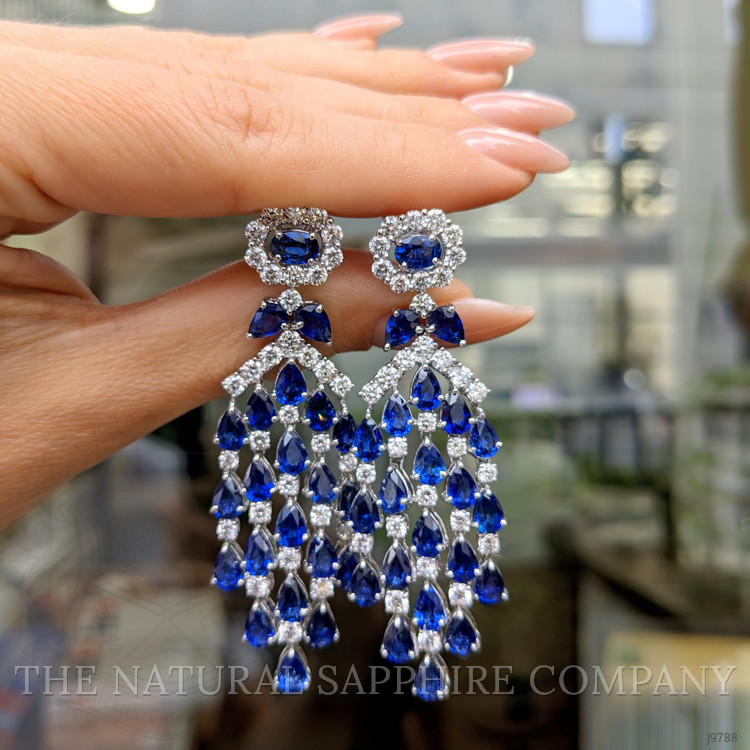 22.84 Ct.Tw. Blue Sapphire and Natural Diamond Pave Earrings, 18K White Gold