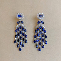 22.84 Ct.Tw. Blue Sapphire and Natural Diamond Pave Earrings, 18K White Gold Life Style