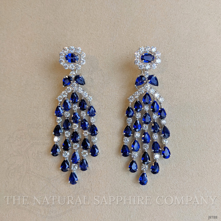 22.84 Ct.Tw. Blue Sapphire and Natural Diamond Pave Earrings, 18K White Gold