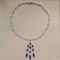11.31 Ct. Blue Sapphire and Natural Diamond Pave Necklace, Platinum 950 Life Style