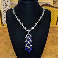11.31 Ct. Blue Sapphire and Natural Diamond Pave Necklace, Platinum 950 Life Style
