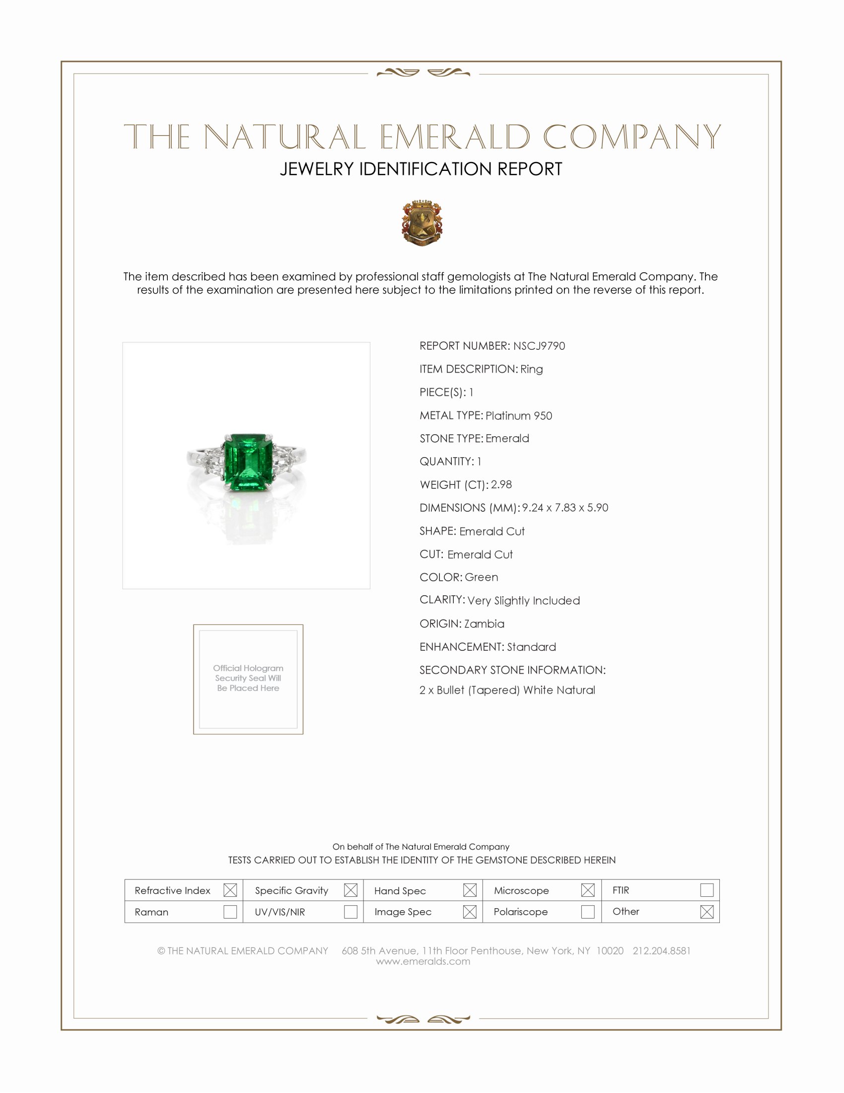 2.98 Ct. Emerald Natural Diamond Three Stone Ring, Platinum 950