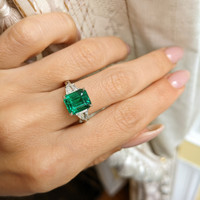2.98 Ct. Emerald Natural Diamond Three Stone Ring, Platinum 950 Life Style