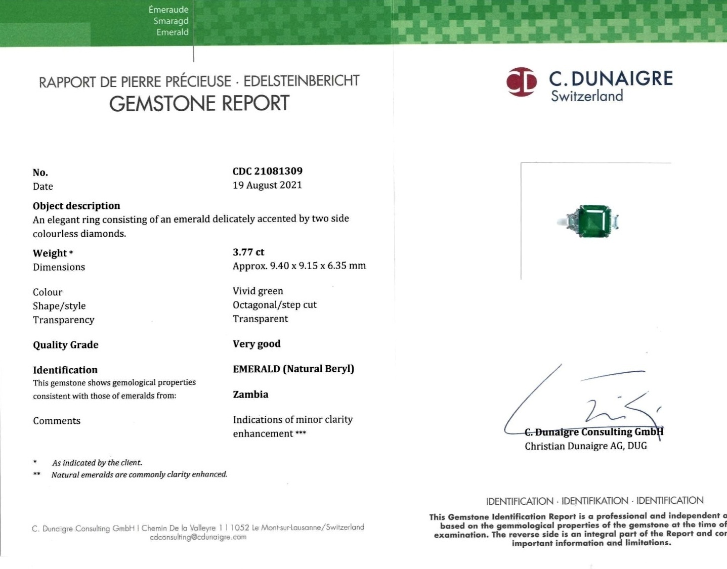 3.77 Ct. Emerald and Natural Diamond Three Stone Ring, Platinum 950