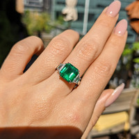 3.77 Ct. Emerald Natural Diamond Three Stone Ring, Platinum 950 Life Style
