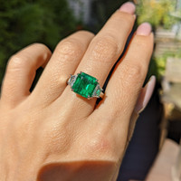 3.77 Ct. Emerald Natural Diamond Three Stone Ring, Platinum 950 Life Style