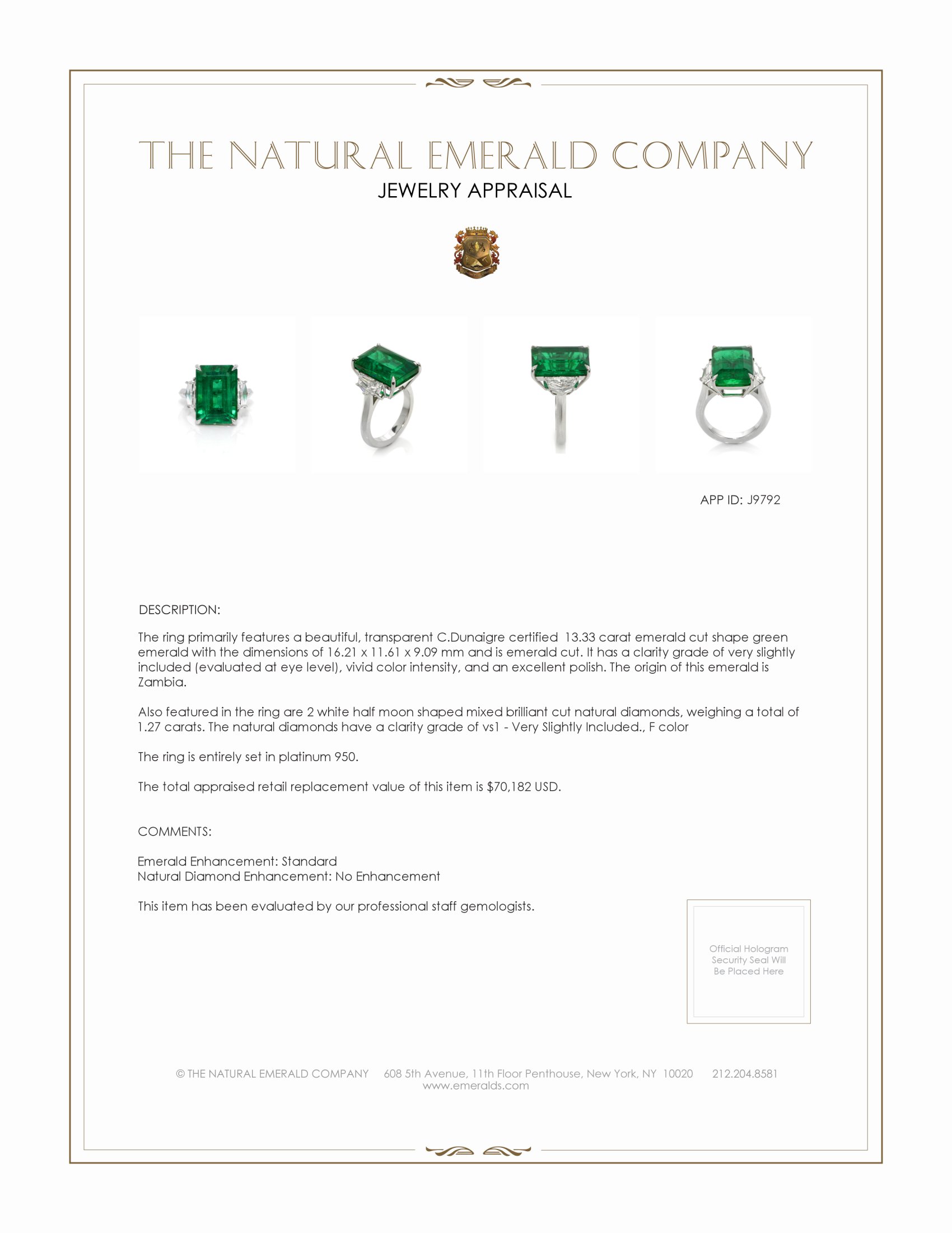 13.33 Ct. Emerald Natural Diamond Three Stone Ring, Platinum 950