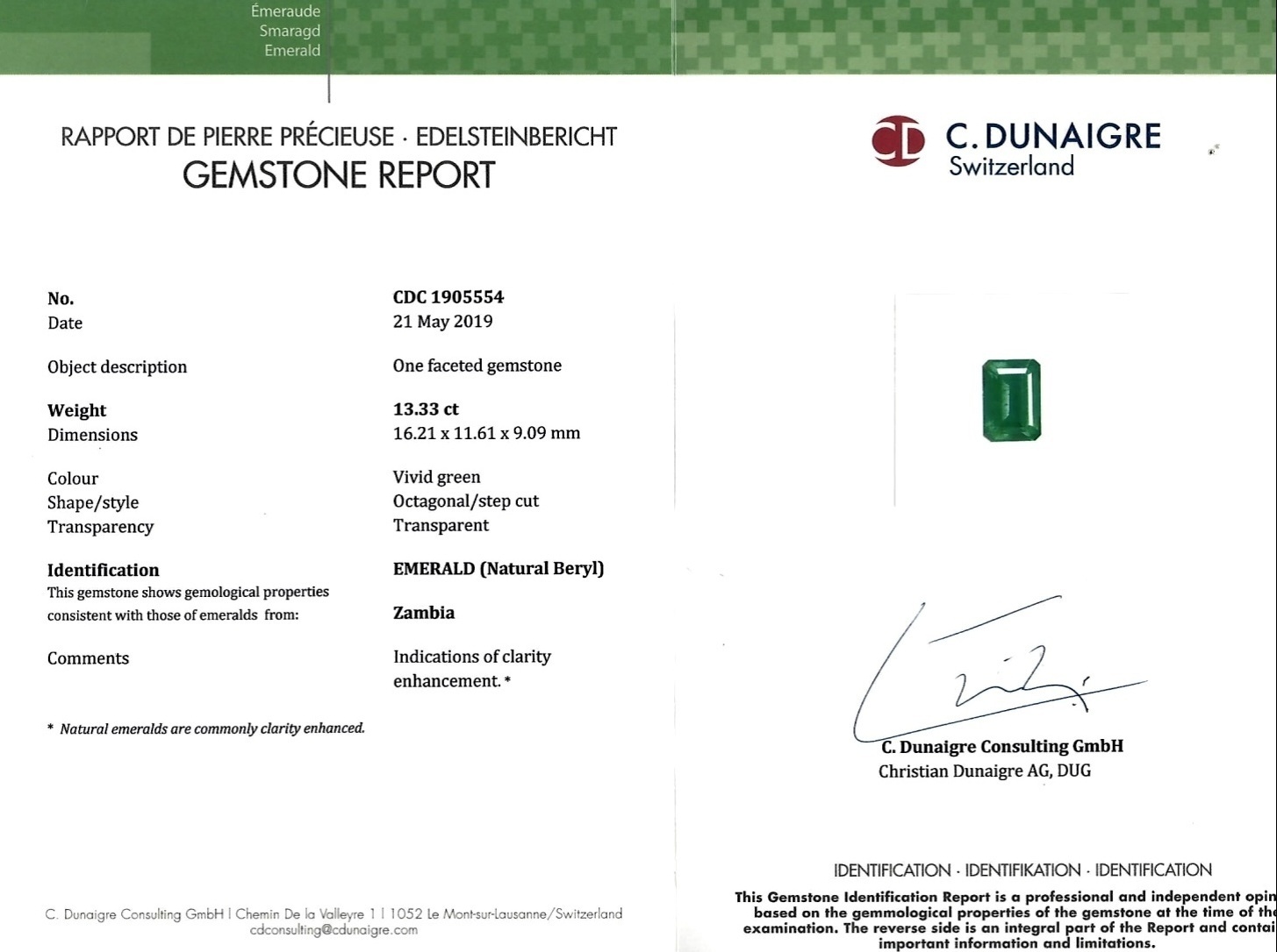 13.33 Ct. Emerald and Natural Diamond Three Stone Ring, Platinum 950